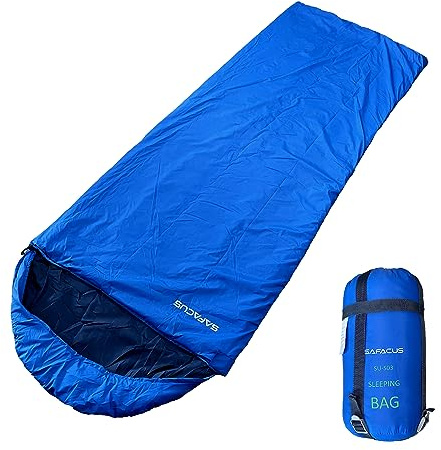 SAFACUS Sacco a pelo da campeggio, 3 stagioni, caldo e freddo, leggero, facile da usare, con sacchetti di compressione, per adulti e bambini, viaggi all'aperto (blu)