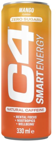 C4 Smart Energy Drinks Mango 330ml (12 pack) | Sugar Free Energy Drink with 106mg Natural Caffeine, Brainberry, Nootropics, Vitamin C | Natural Energy Drink for Mental Focus On the Go