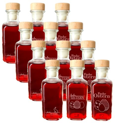 gouveo 12er Set Glasflaschen 100 ml (0,10 l) Apotheker eckig mit Holzgriffkorken Oster-Gravur – kleine Fläschchen zum Befüllen, Portionieren und Dekorieren (HGK)