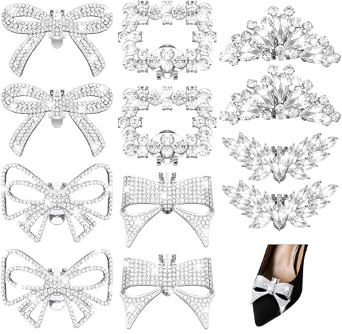 XunYee 12 Pcs Rhinestone Bow Shoe Clips Buckle Decorative Bow Clips for Shoes Elegant Removable Shoe Charms for Women, 6 Style(Silver,Mixed)