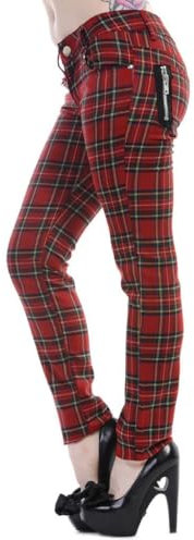 Tartan Skinny Pantalon Femme Plaid Check Emo Punk Pantalon, Rouge, XL