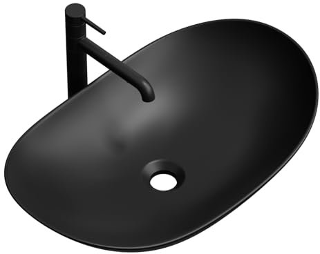 EMKE Lavamanos Sobre Encimera Ovalado 61.5 × 36 × 15.5 Cm, Lavabo De Cerámica Para Baño Y WC De Invitados, Lavabo Negro Mate
