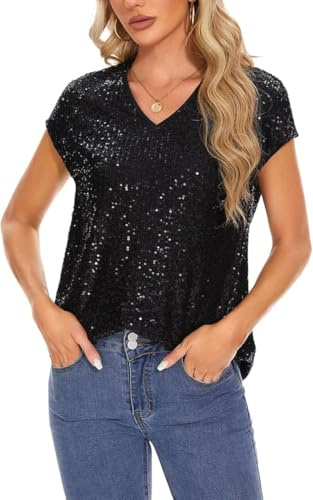 Kyzoeyou Hauts pour Femmes, Chemisiers Scintillants à Sequins, Manches Courtes en Cap, Col en V, Blouse à Paillettes, Tunique à Sequins, Décontracté, Casual, pour Soirée, b-noir, XL