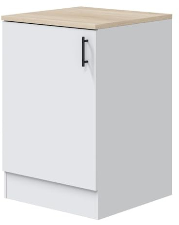 PEGANE - Meuble Bas de Cuisine avec Plan de Travail, 1 Porte Coloris Blanc Brillant/Chêne Canadien - Hauteur 90 x Longueur 60 x Profondeur 60 cm