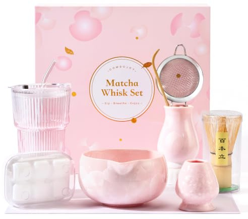 ComboJoy Matcha vispset – kristalliniskt glaserad skål, bambu visp & hållare, slev & sikt med hållare, kopp med lock & sugrör, isbitbricka & tvätthandduk – rosa matcha presentset för kvinnor, present