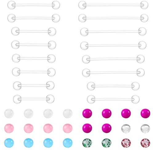16Pcs Plastic Tongue Bars Set 14G Clear Nipple Rings with Replacement Balls