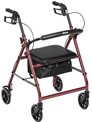 Drive Medical Aluminum Rollator Walker Fold Up and Removable Back Support, Padded Seat, 6 Wheels, Red