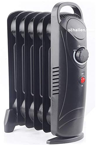 Schallen Black Portable Electric Slim Oil Filled Radiator Heater with Adjustable Temperature Thermostat, 3 Heat Settings & Safety Cut Off (800W | 6 Fin)