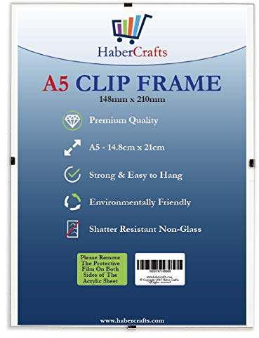 Clip Frame A5 Size Frameless Picture Frame Photo Poster Certificate with Crystal Clear Non Glass Shatter Resistant Safety Styrene Perspex Ready to Use (A5 Size – 148mm x 210mm – Pack of 1)