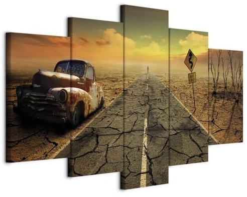 B&D XXL - Leinwandbild Wüste Straße Auto, 200x100 cm, 5-teilig, Wohnzimmer | Hochwertige Leinwand, sofort aufhängbar, ideal fürs Wohn- oder Schlafzimmer, wasserfest und lichtecht, langlebig, stilvoll