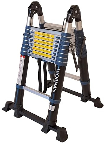 Echelle de 5.6m Télescopique WORHAN Aluminium Anodisé avec 2 Stabilisateurs Télescopiques Modulable Pliable Polyvalente Escabeau Solide 560cm K5.6