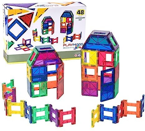 Playmags 48 Piece Set: Now with Stronger Magnets, Sturdy, Super Durable with Vivid Clear Color Tiles