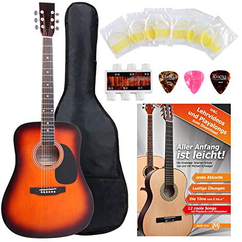 Classic Cantabile WS-10SB Westerngitarre Starter-Set (Dreadnought-Style, 6 Saiten, 20 Bünde, inkl. Zubehörset, Gitarrentasche, Notenheft, Saiten, Plektren) sunburst