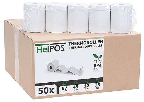 HeiGroup HeiPOS 50x Thermorollen 57mm x 25m x 12mm (Ø 45mm) - Kassenrollen für Casio, Sharp, Olympia & Registrierkassen - NICHT für EC-Kartenleser - BPA-frei