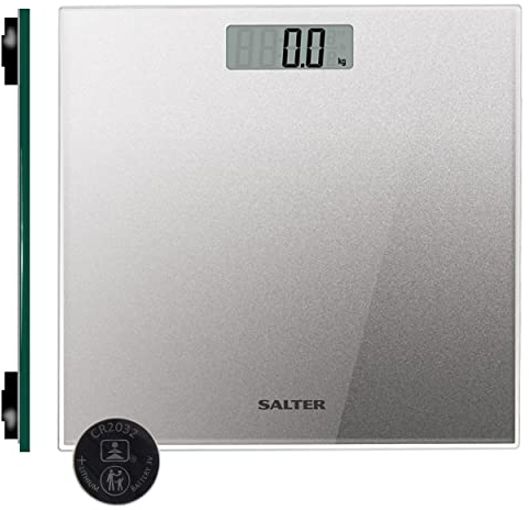 Salter 9037 SVGL3R Báscula Digital De Baño Con Purpurina Plateada, Plataforma Fina De Vidrio Templado Balanza Con Pantalla LCD Grande Y Fácil De Leer, Máx. 180 kg/28 st 8 lb