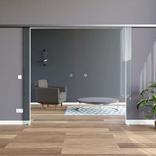 BC-900-2-AS-DPL: Schiebetürsystem doppelflügelig ESG 2x900x2175x8mm, zeitloses klares Glas, ohne Dekor; Schienensystem ALU SlimLine SoftStop; Griffmuschel