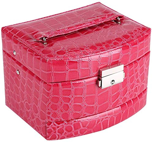 Yosoo Boîte à Bijoux Coffret Pésentoirs en Cuir 3 Plateaux Tiroirs Intérieur Velouté 5 Couleurs Verrouillable à Clé Miroir Accessoires(Rose Red)