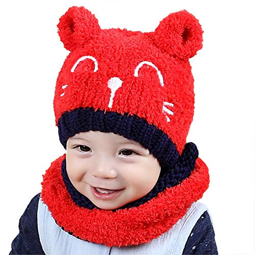 Lazeny Baby Hüte Strickmützen Niedlich Katze Kindermützen Wintermütze mit Schal Häkelstrick Winter Warm Hüte Gestrickte Beanie Kappe für Mädchen Jungen Kleinkind (6-24Monate)-Rot