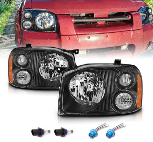 AmeriLite 2001-2004 Replacement Halogen Headlights For Nissan Frontier Pickup Truck D22 Base/SE/SC/XE (Pair) With Hi/Lo Beam Bulb, Vehicle Light Assembly, Black