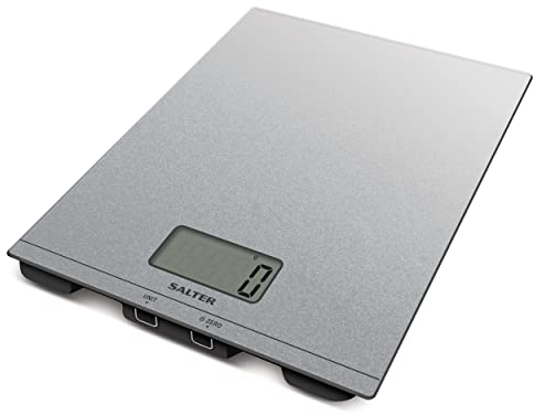 Salter 1173 SVGLDR Digital Kitchen Scale - 5kg Capacity, Digital Food Weighing Baking Scales, Easy Read Display, Measure Liquids & Fluids, Add & Weigh, Wipe Clean Slim Silver Glitter Platform