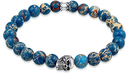 Kuzzoi Herren Armband mit blauem Achat Edelstein Perlen und Totenkopf | Anhänger Yogaarmband Energiearmband Länge 19 23cm elastisch