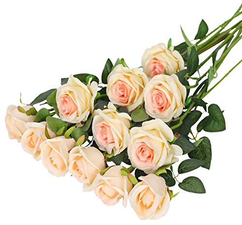 Hawesome 12PCS Artificial Roses Fake Flowers Single Long Stem Blooms with Rose Buds Wedding Decoration Bridal Bouquet Decorative Flower Arrangement Home Decoration Party Centerpieces in Champagner