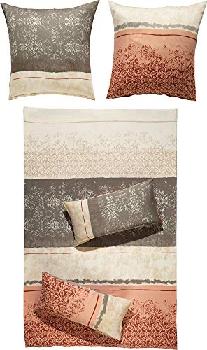 Erwin Müller Bettwäsche, Bettgarnitur Mako-Satin Ornamente rot-Kiesel-beige Größe 40x80 cm / 155x200 cm - feinste Baumwolle, angenehmes Schlafklima, mit praktischem Reißverschluss