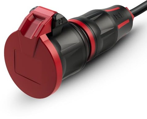 PCE 25712-sr Schutzkontaktkupplung IP54 Rot - TopTaurus2 Gummi-Kupplung | Spritzwassergeschützte 16A 250V Steckkupplung mit Klappdeckel und PA6 2K Gummierung für Baustelle, Werkstatt und Garten