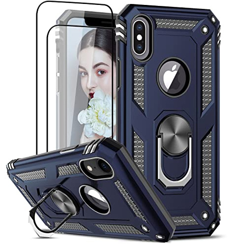 LeYi für iPhone X/10 Hülle iPhone XS Handyhülle mit Panzerglas Schutzfolie(2 Stück),360 Grad Ring Halter Militärische Rüstung Handy Hüllen Stoßfest Cover Schutzhülle Case für iPhone 10/XS Blau