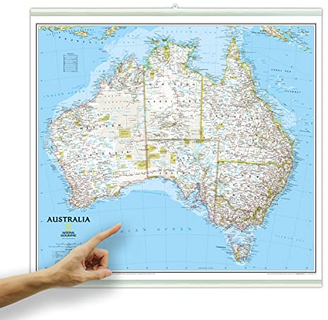 ORBIT Globes & Maps - Australien Landkarte, Kartenbild von National Geographic - Landkarte classic beidseitig laminiert mit weißen Kunststoffleisten, Aktuell 2019, 77 x 69 cm, englisch
