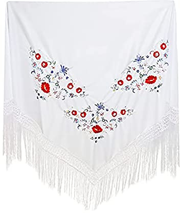 Carnavalife Mantón con Bordados de Sevillana para Fiesta de Baile, Flamenco y Ferias, Color Negro Rojo y Blanco (Blanco, Grande)