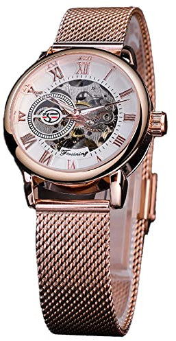 FORSINING Frauen Automatische mechanische Uhr Luxus Skelett Goldenes Zifferblatt Edelstahl Mesh Band Römische Ziffern Selbstaufzug Uhr, Rotgoldfarben, Armband