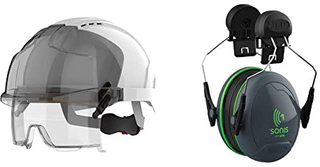 JSP - EVO VISTAlens Safety Helmet with Integrated Eyewear - Vented, White/Smoke & Sonis 1 Helmet Mounted Ear Defenders - SNR 26 - (AEB010-0CY-800)