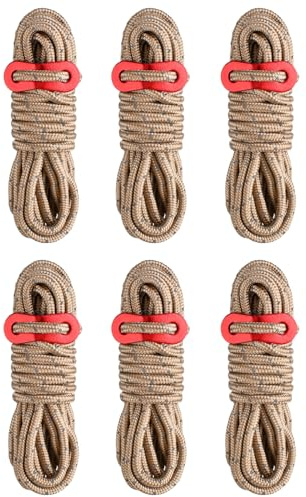 TRIWONDER Tenditore per Corde da Campeggio Paracord 4mm Kit Tiranti Regolabili in Alluminio per Tende Ombrelloni e Teloni - Corde Riflettenti 4m (Cachi - 6 Pezzi)