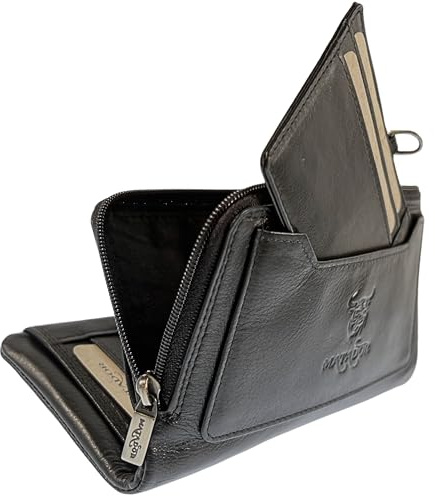 MATADOR Pochette en Cuir Véritable pour Homme Femme | Porte Monnaie Porte Feuille avec Grande Poche Zippé et Boîte Cadeau | Pochette Telephone Portable Protection RFID certifiée TÜV | Nappa Noir