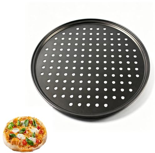 HERCHR Bandeja para pizza con agujeros, bandeja antiadherente perforada de acero al carbono Bandeja para hornear pizza Bandeja para pizza redonda Suministros para hornear(32CM)