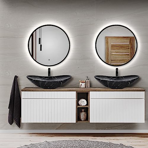 Lomadox Badmöbel Waschplatz Set 180cm Waschbeckenunterschran mit Regal, 2 Aufsatzwaschbecken, 2 LED Spiegel in weiß matt mit Vintage Eiche Nb., B/H/T: ca. 180,4/200/46 cm