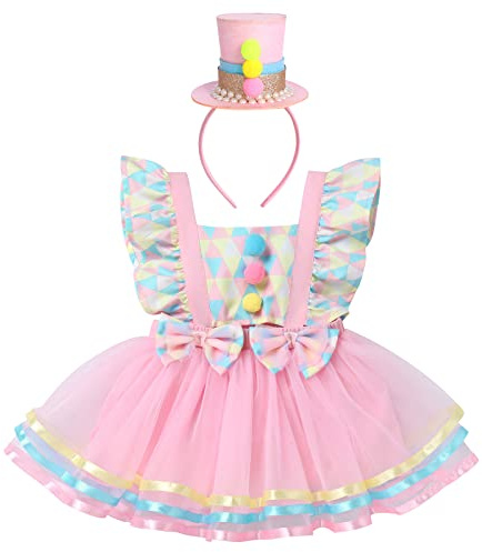 IBTOM CASTLE Girl Clown Colorful Clothes - Baby Carnival : Newborn Toddler Baby Girls One Birthday Princess Outfits Ruffle Bowknot Circus Tutu Photoshoot Gown Pink - hat 18-24 Months