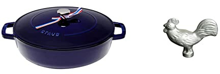 STAUB 40511-476-0 Cast Iron Chistera, Dark Blue, 28 cm & 40509-346-0 Rooster Lid Knob, Cast Iron, Silver