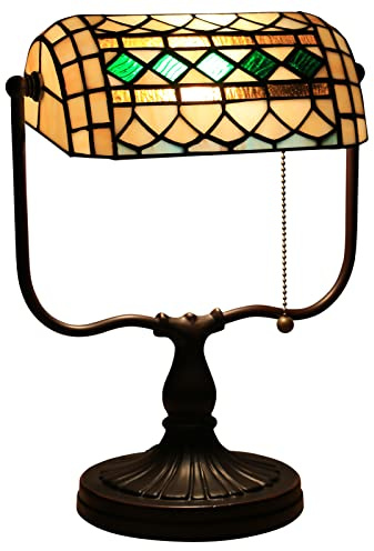Uziqueif Tiffany Style Banker's Lamp - Stained Glass, E27 Vintage Desk Lamp for Living Room & Bedroom