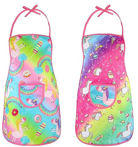 Hifot 2-Stück Verstellbare Kochschürze für Kinder mit Tasche, Einhorn-Kinderschürze für Mädchen 3-6 Jahre, Malschürze/Gartenschürze/Bakenkitzel