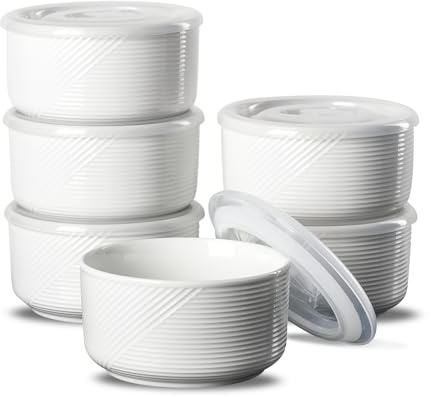 Adewnest Keramikschalen mit Deckel: 12,7 cm Porzellanschalen Set von 6 Mikrowellengeeignet - Frischhaltedosen mit Deckel - Servierschalen mit Deckel für Mittagessen, Picknick, Camping, 590 ml (weiß)