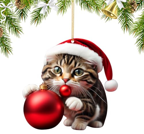 Ellxen Katze Weihnachtsbaum Anhänger,2D Acryl Katze Christbaumschmuck,Weihnachtsschmuck Geschenk,Spaß Weihnachtsanhänger Deko,Weihnachtsschmuck für Veranda, Flur, Büro, Wohnheim, Urlaub