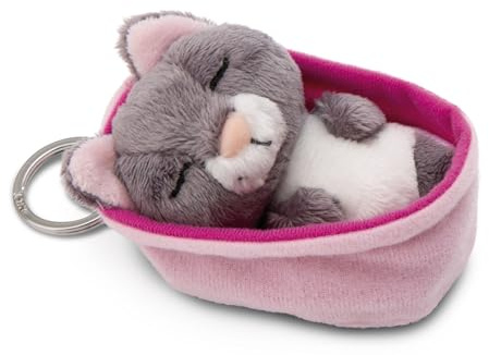 Nyckelhållare sovande husdjur Katt grå 8 cm korg rosa - Hållbar följeslagare i form av en gosedjursnyckelring för nyckelband, väska, ryggsäck och mycket mer