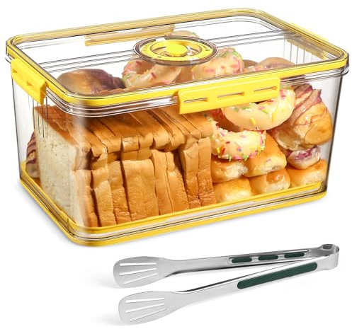Large Bread Storage Container with Airtight Lid - Bread Box for Kitchen Countertop, Time Recording Bread Keeper for Homemade Bread, Bagel, Cookies, Cupcakes | with Stainless Steel Tongs(Yellow)