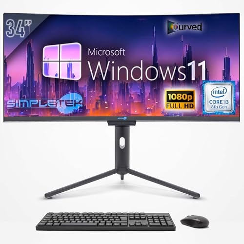 SIMPLETEK - PC All in One Curved 34 Wide | Core i3 8. Generation | Windows 11 Pro | RAM 16GB | SSD 960GB | Integrierte 2K Webcam | WiFi 6 und BT 5.2