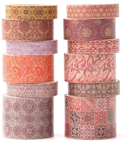 KAVI' S 12 rouleaux Washi Tape Set, Ruban Adhésif Décoratif Œuvre d’art inspirée Feuille d’or Masking Tapes pour Arts, Bullet Journal, Scrapbooking, Bricolage, Emballage (Crimson Cliff)