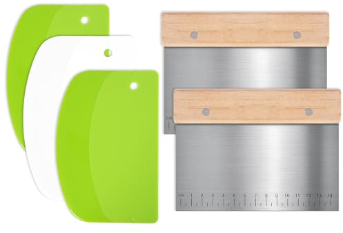 5 Pcs Bench Scraper, Bench Scraper Kitchen 2 Pcs Stainless Steel Dough Scraper with Wood Handle and 3 Pcs PP Food Scraper with Hanging Hole, Multipurpose Bread Dough Cutter for Baking-Green