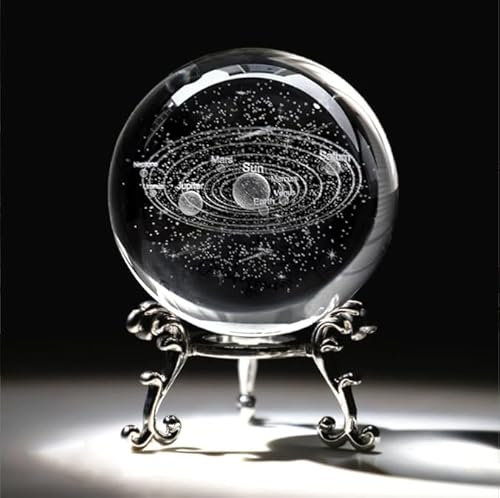 QIANCHANG Sonnensystem, 3D-Kristallkugel mit Ständer, 60 mm Glaskugel, dekorativer Briefbeschwerer mit Lasergravur, Galaxie-Modell, Universum, Weltraum, Astronomie, Geschenk für Kinder