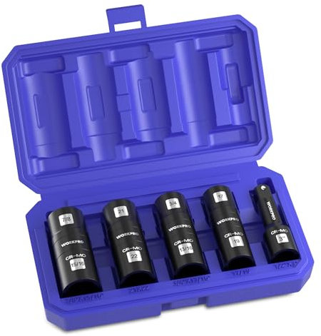 WORKPRO Juego de Laves de Impacto 5 Piezas, 1/2 Vasos de Impacto de Doble Cabeza, Llaves de Vasos con Barra y Caja, Para Tuerca y Pernos